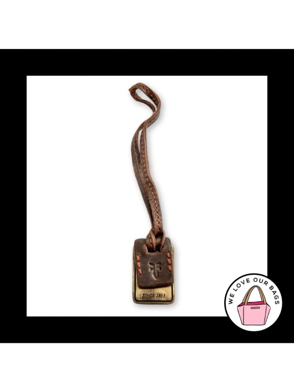 FRYE Gold Brass Metal Brown Leather Strap Loop Bag Charm Hang Tag Keychain Fob
